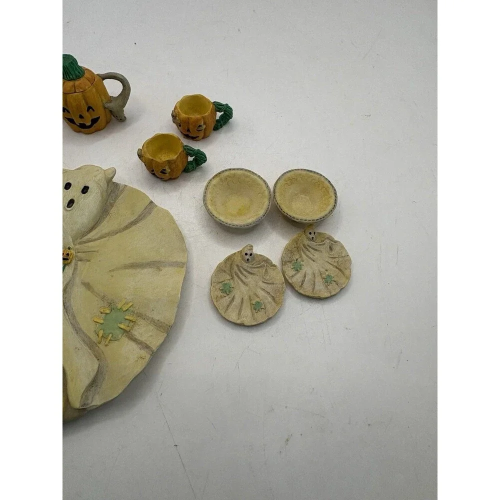 Vintage MINIATURE Decorative Halloween Jack O Lantern JOL & Ghost Tea Set